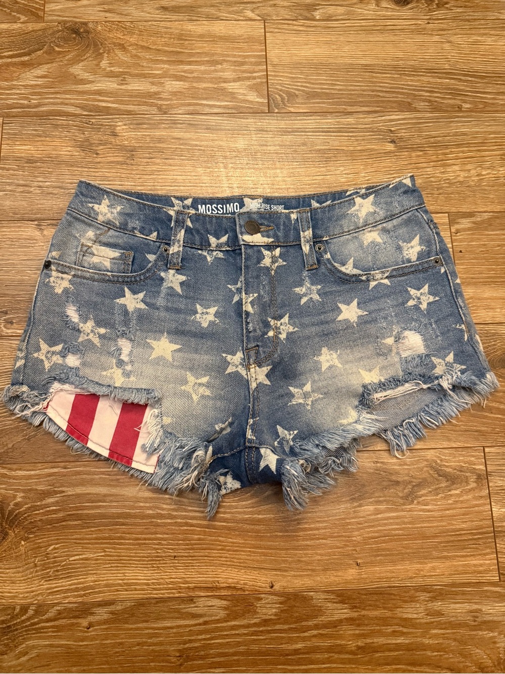 Mossimo Supply Co. Blue Denim Star-Print Distressed Shorts with Red Accent
